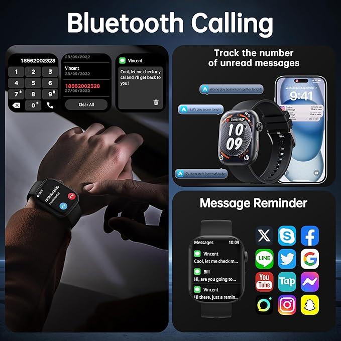 Smart Watch for Men Women, 2.01" HD Touchsreen, Bluetooth Calling, IP68 Water-Resistance, 180+ Sports Modes, Health, Fitness & Sleep Tracker, Timer, Fitness Watch for Android/iOS, Black