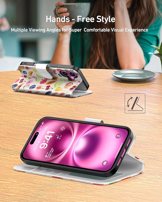 DEENAKIN for iPhone 16 Plus Wallet Case with Card Holder + Cash Clip, RFID-Blocking, Military-Grade Drop Protection, Magnetic Closure with Leather Kickstand - Fruit Illustration