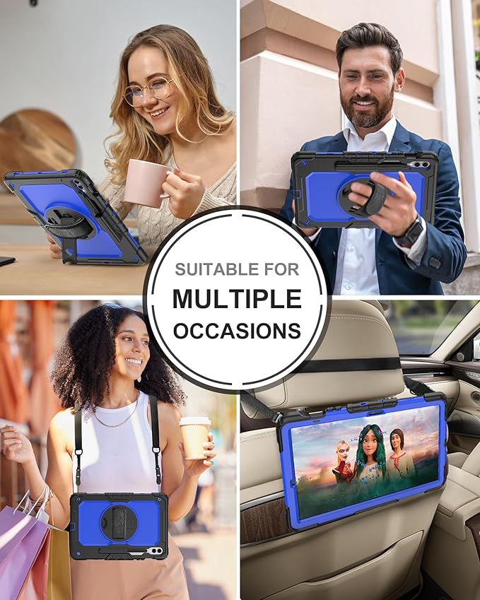 Case for Samsung Galaxy Tab S10 Plus/ S9 FE Plus/ S9 Plus 5G Tablet 12.4'', Shockproof Protective Cover with [Tempered Glass Screen Protector], Stand, Shoulder Strap & S Pen Holder (Blue)