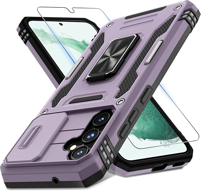 DEERLAMN Case for Samsung Galaxy S23 FE 6.4-Inch with Slide Camera Cover+Screen Protector(1 Pack),Rotated Ring Kickstand Military Grade Shockproof Protective Cover-Deep Purple