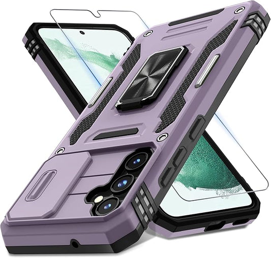 DEERLAMN Case for Samsung Galaxy S23 FE 6.4-Inch with Slide Camera Cover+Screen Protector(1 Pack),Rotated Ring Kickstand Military Grade Shockproof Protective Cover-Deep Purple