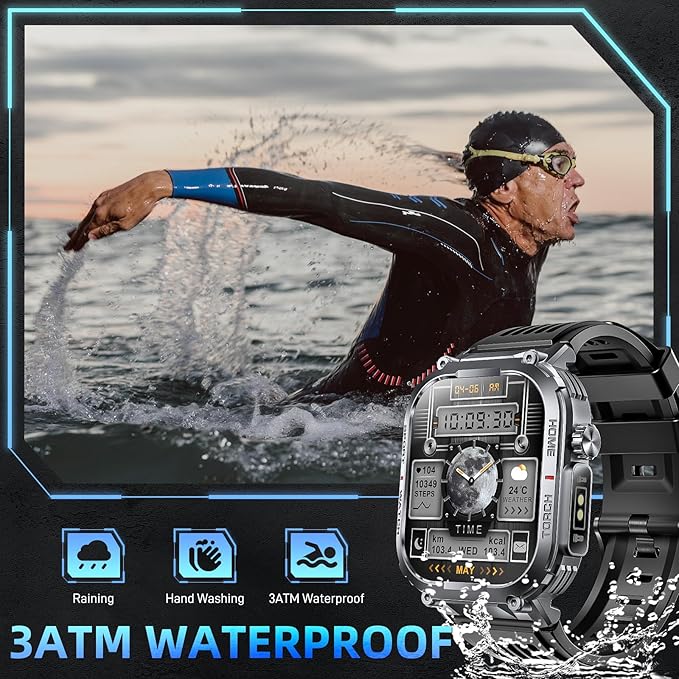 Military Smart Watches for Men with LED Flashlight Compass (Answer/Make Call) 2.02" Screen Waterproof Smartwatch with Sport Modes Health Monitor 400mAh Rugged Smartwatch for iPhone Android (2 Straps)