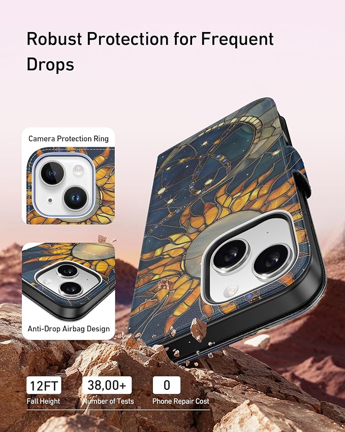 DEENAKIN for iPhone 15 Wallet Case with Card Holder + Cash Clip, RFID-Blocking, Military-Grade Drop Protection, Magnetic Closure with Leather Kickstand - Solar Lunar Harmony