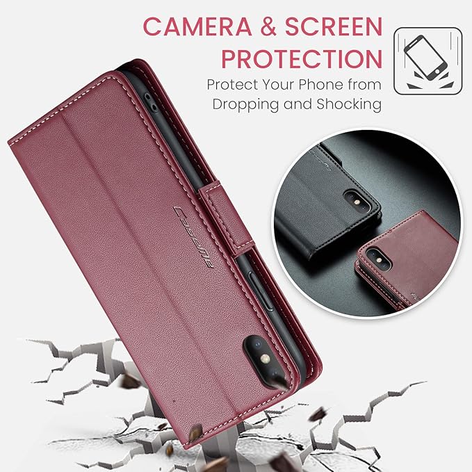 for iPhone X Case/iPhone Xs Case, Premium PU Leather Wallet Case Flip Cover with [RFID Blocking][Card Holder][Stand Function] Shockproof Protective for iPhone X/XS, Red