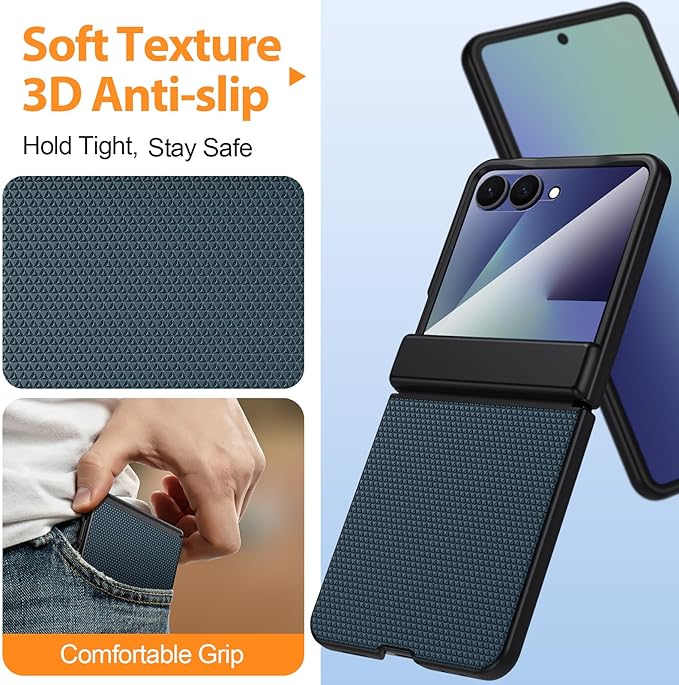 for Samsung Galaxy Z-Flip-7 Case: Ant-Slip Grip 3D Texture & Magnetic Hinge Protection, 9H Glass Screen Protector, TPU Shockproof Militray-Grade Protective Phone Cover for Flip7 2025, Blue