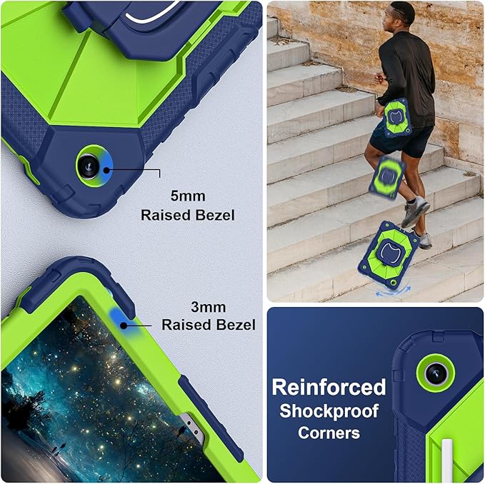Scnoiy for Galaxy Tab A9 Plus Case 11 Inch, Rugged Case for Samsung Galaxy A9+ Tablet Case with Screen Protector 360 Rotating Stand Shoulder Strap Pen Holder, 2023 Model(SM-X210/X216/218), Navy Green