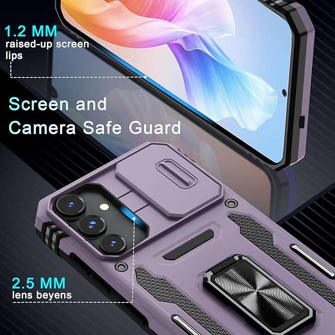 DEERLAMN Case for Samsung Galaxy S24+ Plus with Slide Camera Cover+Screen Protector (1 Pack), Rotated Ring Kickstand Military Grade Shockproof Protective Cover-Deep Purple