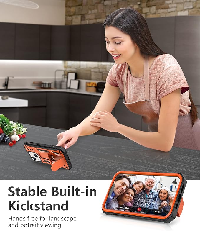 for iPhone 13/14 Protective Case: for iPhone 16e Cover with Built-in Kickstand | Heavy Duty Military Grade Hard Protection Shock Proof | Durable Dual-Layer Design Orange