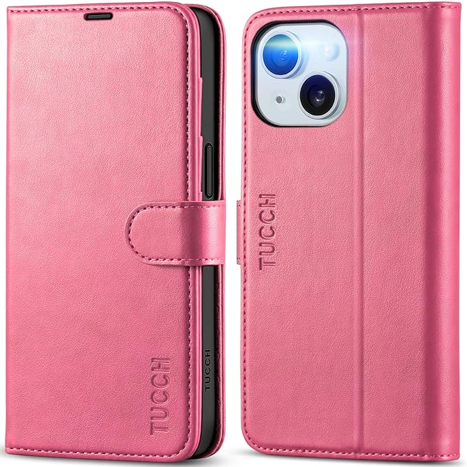 TUCCH Case Wallet for iPhone 15 6.1", Kickstand PU Leather Magnetic Protective Flip Cover with [RFID Blocking] [4 Card Slots] [TPU Interior Case] Compatible with iPhone 15 5G 6.1" 2023, Hot Pink