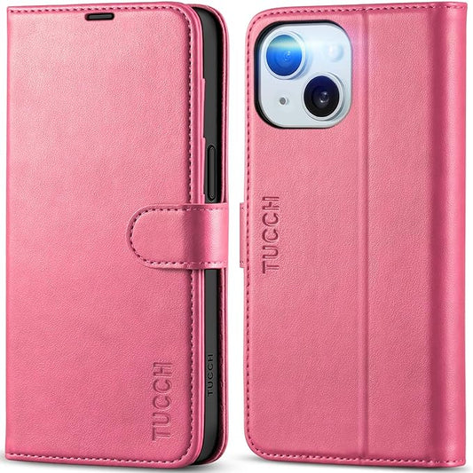 TUCCH Case Wallet for iPhone 15 6.1", Kickstand PU Leather Magnetic Protective Flip Cover with [RFID Blocking] [4 Card Slots] [TPU Interior Case] Compatible with iPhone 15 5G 6.1" 2023, Hot Pink