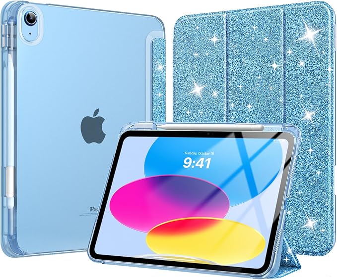 MoKo for iPad (A16) 11th Generation Case 11 Inch 2025, iPad 10th Generation Case 10.9 Inch 2022 with Pencil Holder, Slim Light Trifold Protective Cover with Hard PC Translucent Back Shell,Glitter Blue