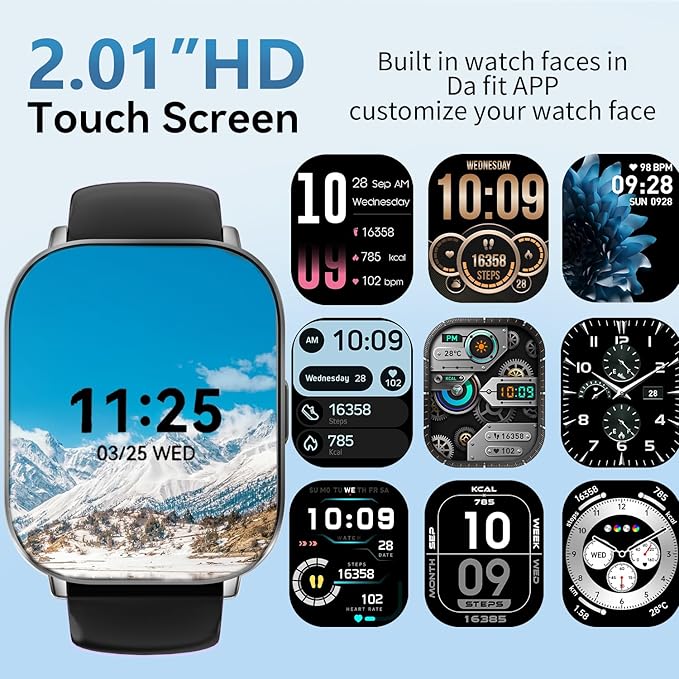 Smart Watch for Men and Women, 2.01-inch HD Touch Screen, 120+ Sports Modes/IP67 Waterproof/Heart Rate/Sleep Monitoring (Answer/Make Calls), for Android/iOS (Black)