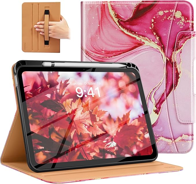 MoKo for iPad (A16) 11th Generation Case 11 inch 2025, iPad 10th Generation Case 10.9" 2022 with Pencil Holder & Pocket, Premium Leather Folio Stand Cover, Multiple Viewing Angles, Pink Gold Marble