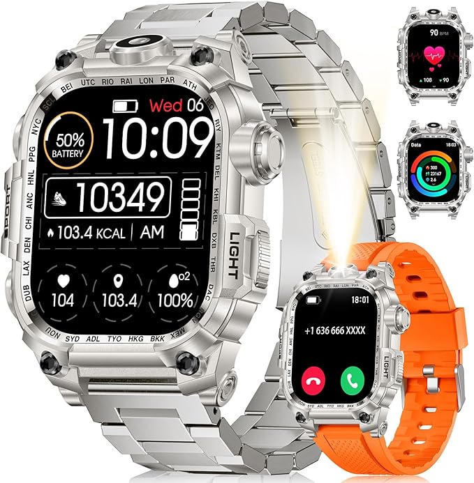 LIGE Military Smart Watch for Men, 2.01" LED Flashlight Rugged Smartwatch, 100+ Sports Fitness Tracker Watch, 700mAh Long Battery/Sleep/IP68 Waterproof Smart Watch for Android iPhone Compatible