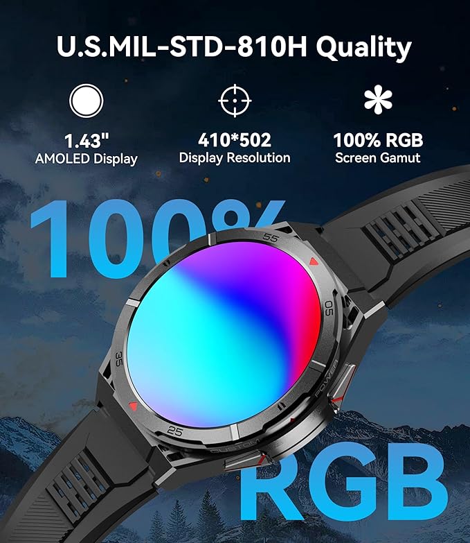 OUKITEL Smart Watch for Men GPS, 1.43" AMOLED Display, 5ATM Waterproof Military Watch, 150+ Sport Modes, Fitness Activity Tracke with Compass Pedometer Sleep Monitor Heart Rate, for Android iOS