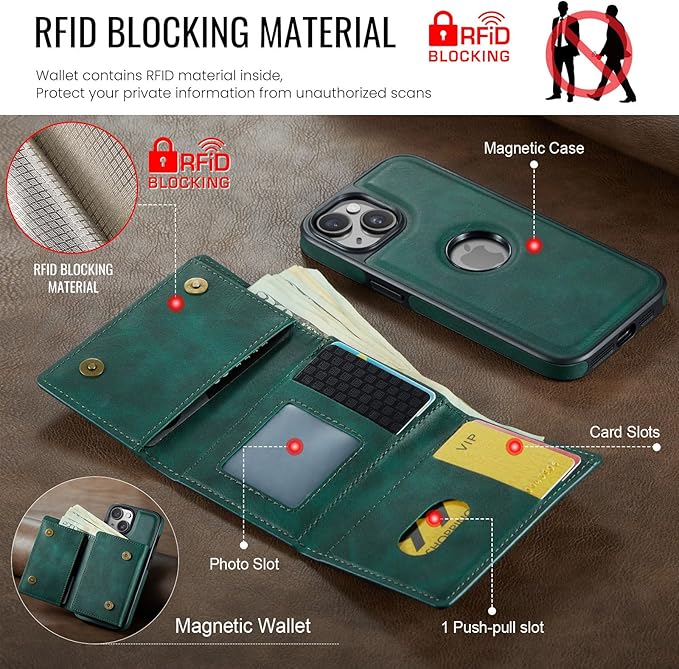 Asuwish Phone Case for iPhone 14 6.1 inch Wallet Magnetic Detachable Cell Cover with Wireless Charging and RFID Blocking Credit Card Holder Flip Stand iPhone14 5G i i-Phone i14 14Case Women Men Green