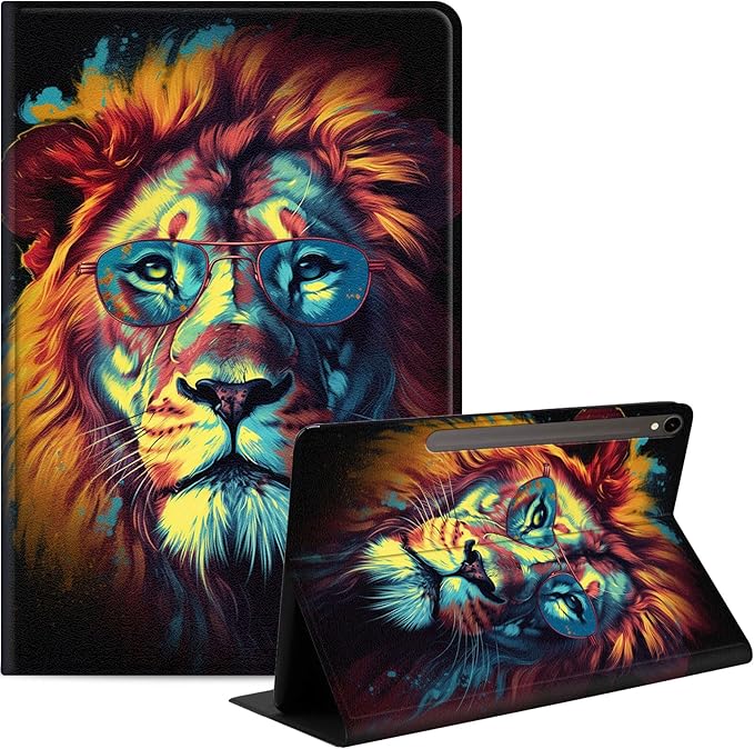 Case for Samsung Galaxy Tab S10 FE/ S9 FE 5G 10.9 Inch/Tab S9 11 Inch, Slim PU Leather Stand Cover with Auto Wake/Sleep, Multi-Angle Viewing & Shockproof, Lion with Glasses