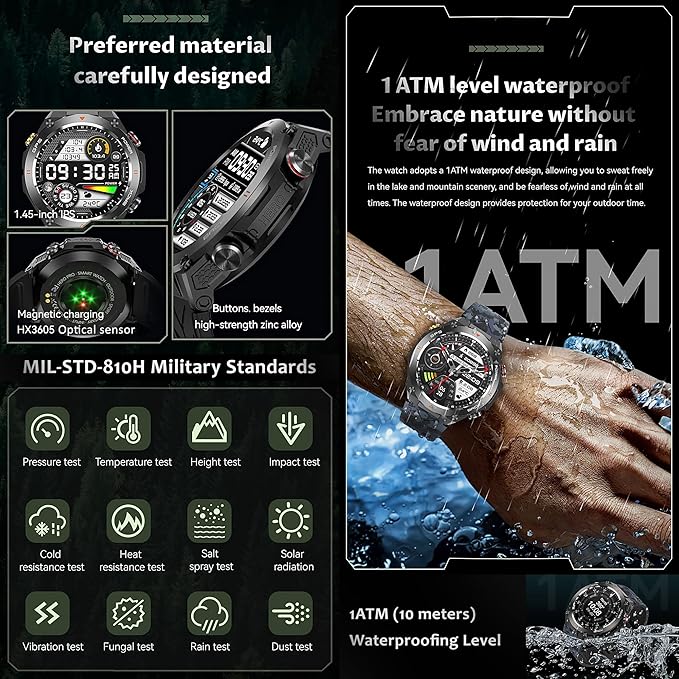 Military GPS Smart Watch: 1.45” IPS Screen, Built-In GPS, Altimeter, Barometer, Compass, Fitness/Wellness Tracker, BT Call, Games, Long Battery Life, 100+ Sports, Waterproof, AI Voice, Android/iOS