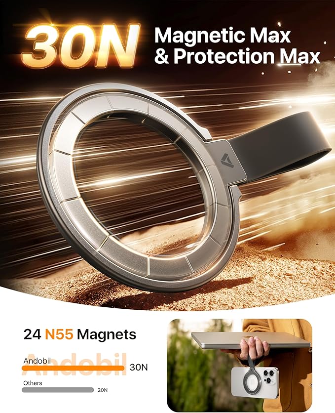 andobil [2025 Unrivaled Stability] Magnetic Phone Grip Holder for MagSafe Ring Stand Holder Kickstand Compatible with MagSafe Accessories for iPhone 17 Air 16 Pro Max Plus 15/14/13/12&Android, Grey