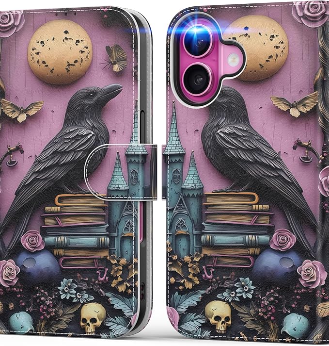 DEENAKIN for iPhone 16 Wallet Case with Card Holder + Cash Clip, RFID-Blocking, Military-Grade Drop Protection, Magnetic Closure with Leather Kickstand - Gothic Skull & Raven