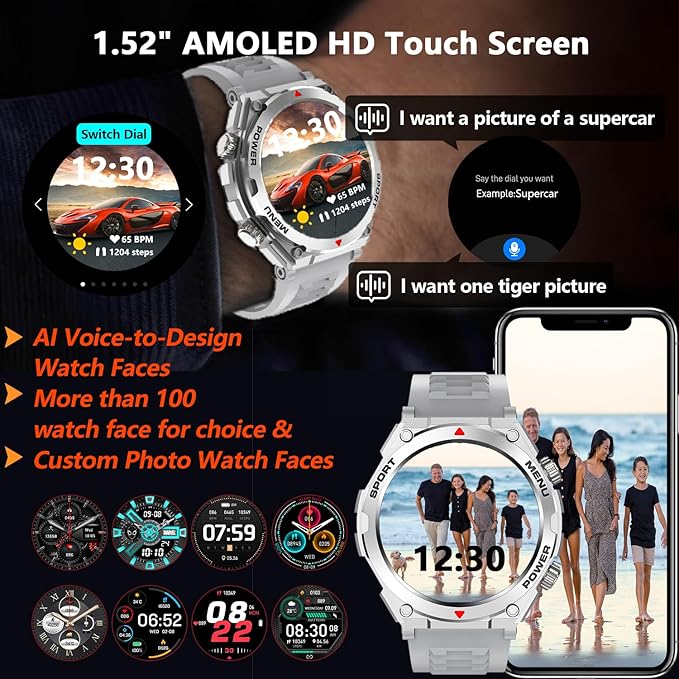 Military Smart Watch for Men With AI Q&A (Answer/Make Call/SMS Reply), 1.52" HD Smartwatch for Android Phones/iPhone, 100+ Sport Mode Fitness Tracker with HR, SpO2, Sleep Monitor, IP68 Waterproof