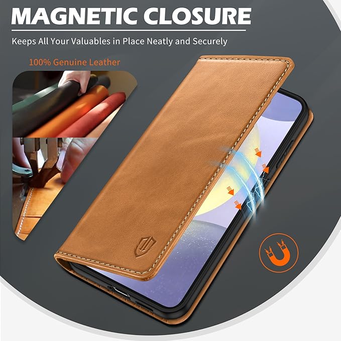 SHIELDON Case for Galaxy S25 Plus 5G, Genuine Leather Wallet Case, RFID Blocking Credit Card Holder Kickstand Magnetic Folio Protective Cover Compatible with Galaxy S25+ 6.7" - Retro Light Brown