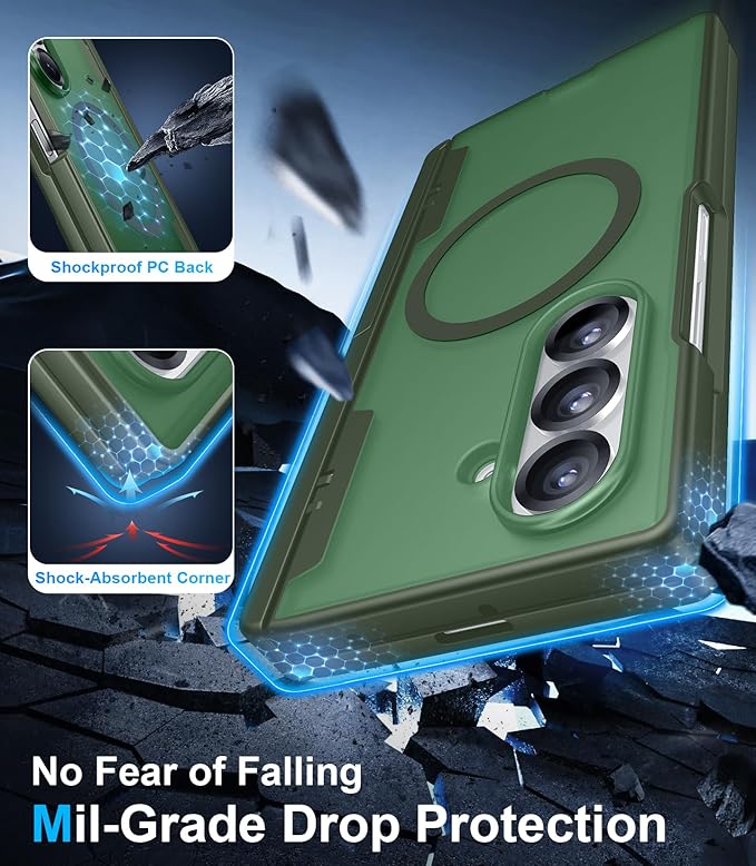 Temdan Magnetic for Samsung Galaxy Z Fold 7 Case,[Compatible with MagSafe][Built-in HD Screen Protector&Invisible Kickstand][Hinge Protection]Translucent Matte Shockproof Phone Case for Z Fold 7,Green