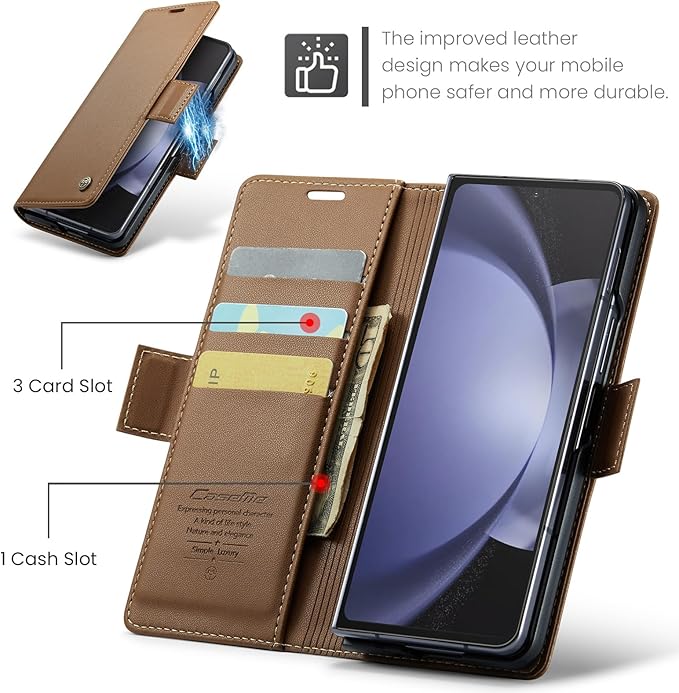 for Samsung Galaxy Z Fold 5 Case, Premium PU Leather Wallet Case Flip Cover with [RFID Blocking][Card Holder][Stand Function] Shockproof Protective for Samsung Galaxy Z Fold 5, Brown
