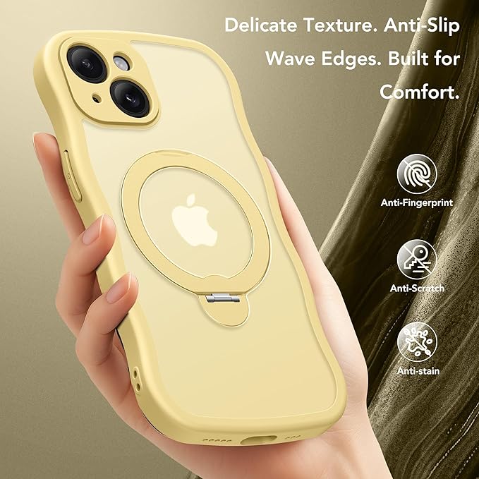GolbinBox for iPhone 15 Case for Women,[Compatible with Magsafe][360° Spin Magnetic Stand][Cute Wave Edge][Military-Grade Protection] Translucent Matte Phone Case for iPhone 15, Jasmine Yellow