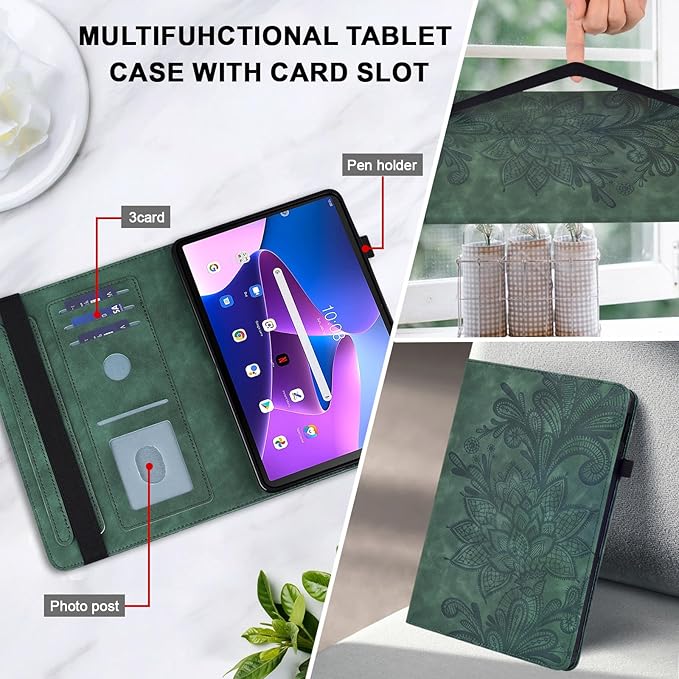 Case for Lenovo Tab M10 Plus 3rd Gen 10.6 Inch 2022 (TB125FU/128FU), Embossed Lace PU Leather Flip Folio Tablet Case with Elastic Band & Card Slots/Holder, Multi-Angle Viewing Stand Cover, Green
