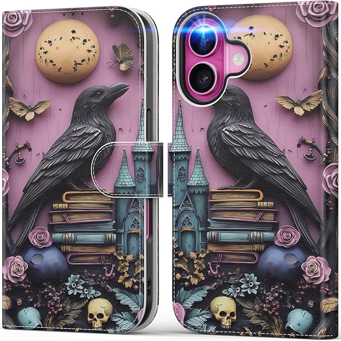 DEENAKIN for iPhone 16 Plus Wallet Case with Card Holder + Cash Clip, RFID-Blocking, Military-Grade Drop Protection, Magnetic Closure with Leather Kickstand - Gothic Skull & Raven