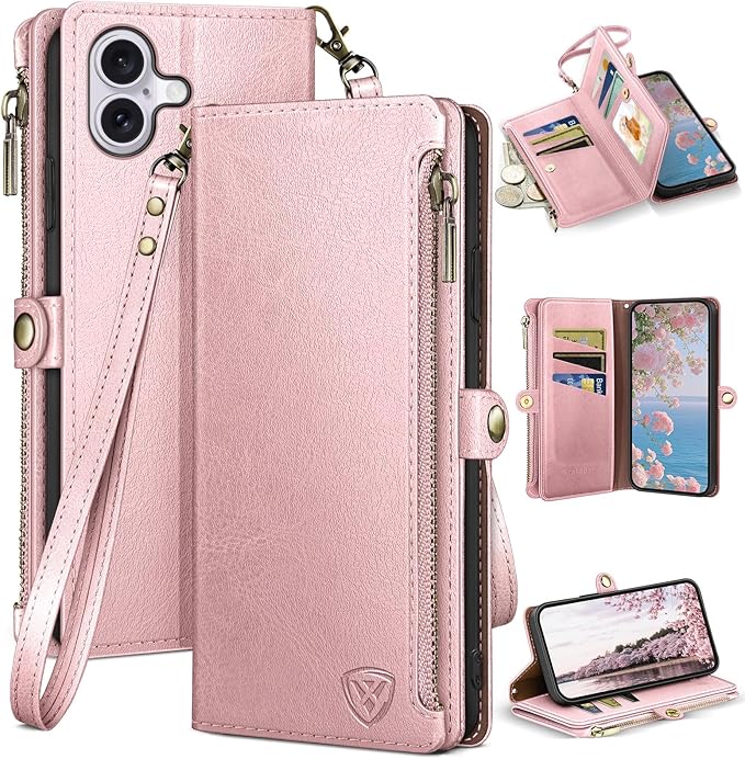 XcaseBar Compatible with iPhone 17 6.3" Wallet case with Zipper Credit Card Holder【RFID Blocking】,Flip Folio Book PU Leather Phone case Shockproof Cover Women Men for Apple 17 case Rose Gold