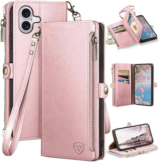 XcaseBar Compatible with iPhone 17 6.3" Wallet case with Zipper Credit Card Holder【RFID Blocking】,Flip Folio Book PU Leather Phone case Shockproof Cover Women Men for Apple 17 case Rose Gold