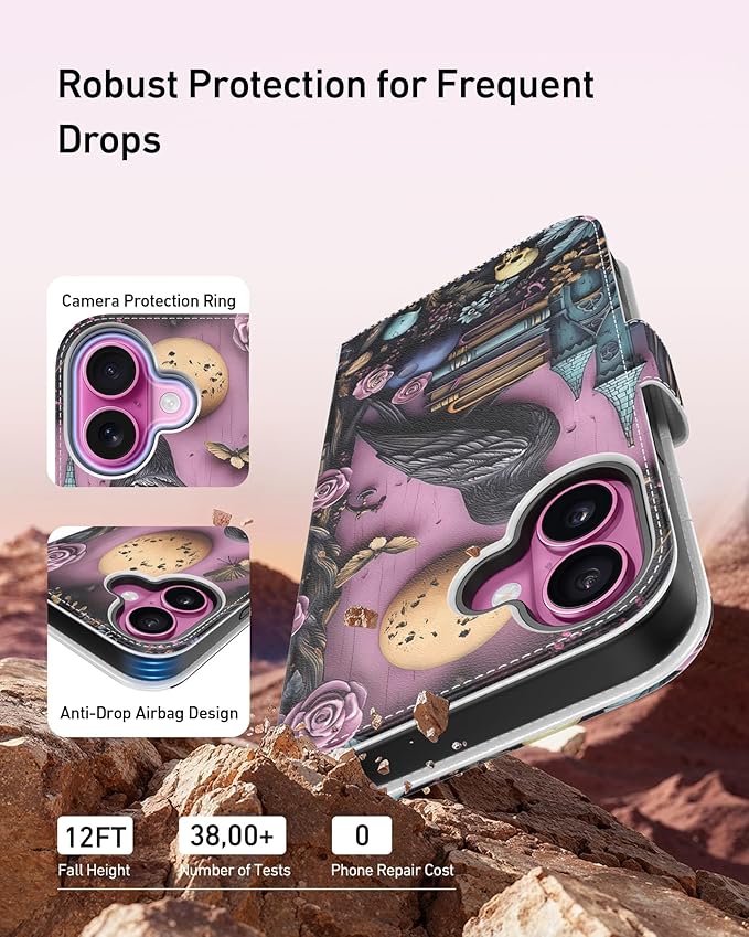 DEENAKIN for iPhone 16 Wallet Case with Card Holder + Cash Clip, RFID-Blocking, Military-Grade Drop Protection, Magnetic Closure with Leather Kickstand - Gothic Skull & Raven