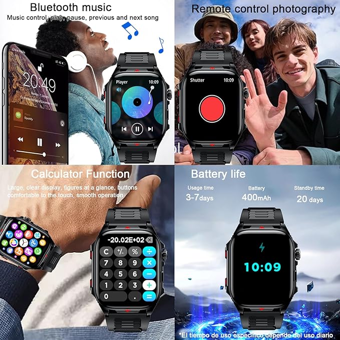 Smart Watch Sport Military for Men, Smartwatch Bluetooth Answer/Dial Call 2.01" Large Screen Outdoor 100 Sports Fitness Tracker Male 400 mAh Large Battery Flashlight Two Straps for Android/ios