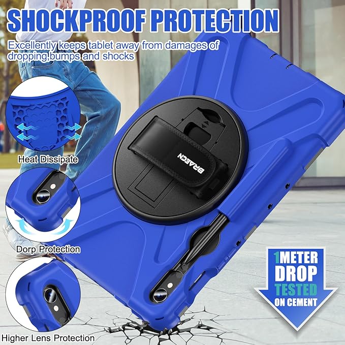 BRAECNstock for Samsung Galaxy Tab S10 Lite/ S10 FE/ S9 FE/ S9/ S8/ S7 5G Case 10.9"/ 11", Shockproof Protective Kids Case with Pencil Holder, Rotating Hand Strap & Stand, Shoulder Strap, Blue