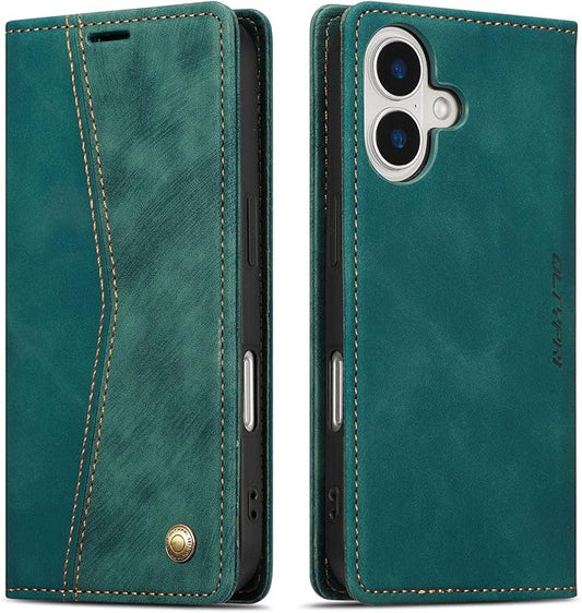 QLTYPRI for iPhone 16 Case Wallet with Card Holder, Vintage PU Leather Kickstand Magnetic Closure Shockproof Folio Book Cover Case for iPhone 16 - Retro Green
