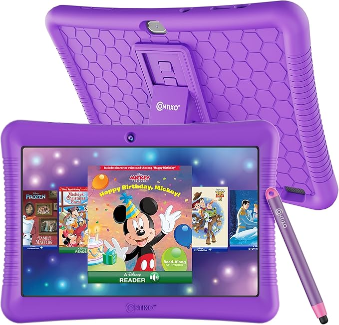 Contixo 10-Inch Kids Tablet - Ages 3-12, 80 Disney eBooks ($350 Value), 32GB Storage, Android, Parental Controls, Silicone Case w/Kickstand, STEM Learning Tablet for Older Kids - Purple