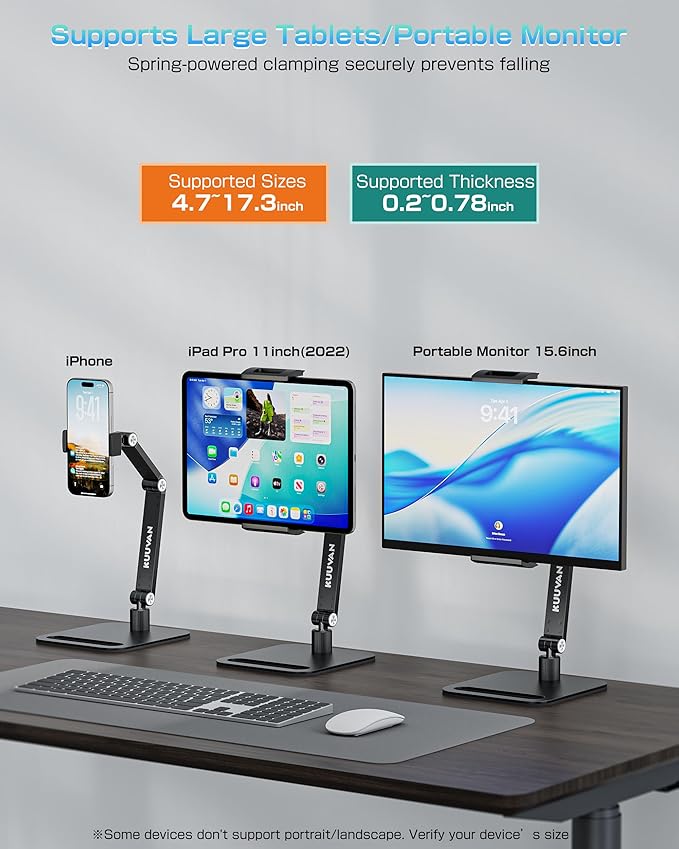 Tablet Stand Holder for iPad, Portable Monitor Stand Holder 15.6'',17.3'', Aluminum Alloy Foldable Arm Mount with 360° Swivel Desk Mount Compatible with 4.7-17.3inch Tablet, Cell Phone (Black)