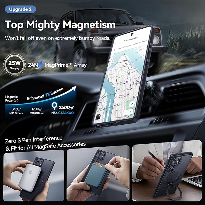 CASEKOO Patented 360° Spin Magnetic Stand for Samsung Galaxy S25 Ultra Case [18FT Military Drop Protection] [Compatible with MagSafe] Matte Translucent Slim S25 Ultra Case 6.9'' 2025, Black