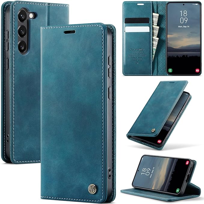 Wallet Case for Samsung Galaxy S23 5G Leather Wallet Flip Cover with Card Holder, Kickstand, Magnetic Closure, RFID Blocking TPU Shockproof Phone Case Compatible with Galaxy S23, Blue-Green
