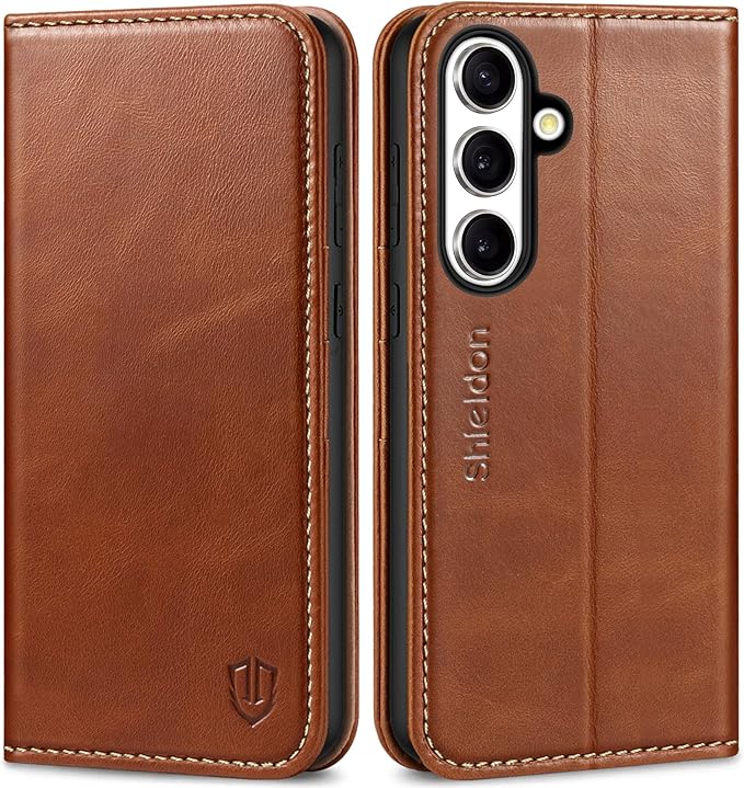 SHIELDON Wallet Case for Galaxy S25 FE 2025 5G, Genuine Leather RFID Blocking Credit Card Holder Kickstand Magnetic Folio Full Protection Cover Compatible with Galaxy S25 FE 6.7" - Retro Brown