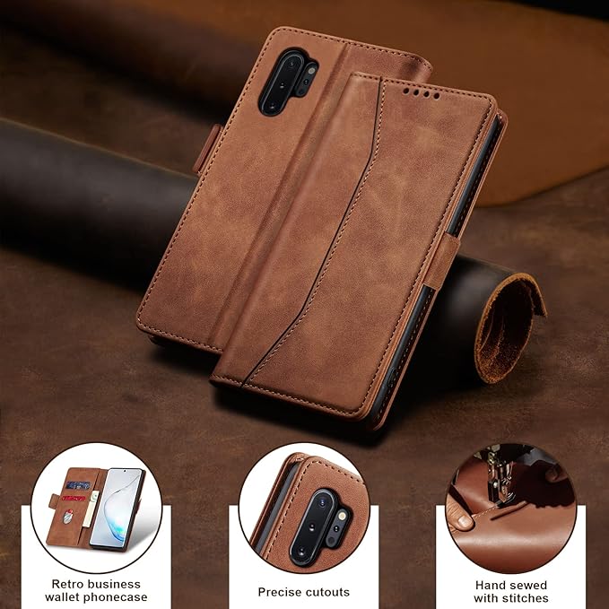 Jasonyu Flip Wallet Case for Samsung Galaxy Note 10 Plus,Leather Magnetic Folio Cover with Card Holder,Kickstand - TPU Shockproof Durable Protective Phone Case,Brown