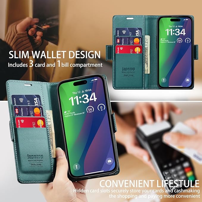 japezop iPhone 15 Pro 5G Wallet Case with [RFID Blocking],Card Holder Kickstand Magnetic,Leather Flip Case Wallet for iPhone 15 Pro 5G 6.1 Inch (Fashion Green)