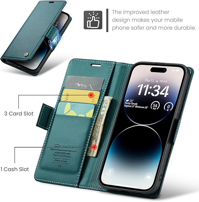for iPhone 14 Pro Case, Premium PU Leather Wallet Case Flip Cover with [RFID Blocking][Card Holder][Stand Function] Shockproof Protective for iPhone 14 Pro 6.1 inch, Blue-Green