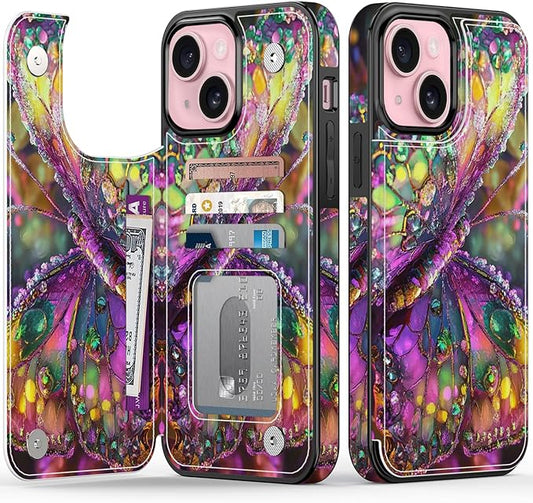 FUNMIKO for iPhone 15 Plus Wallet Case with Card Holder, RFID-Blocking, Military-Grade Protection & UV-Printed Artwork, Magnetic Closure with Leather Kickstand - Vibrant Elegant Butterfly
