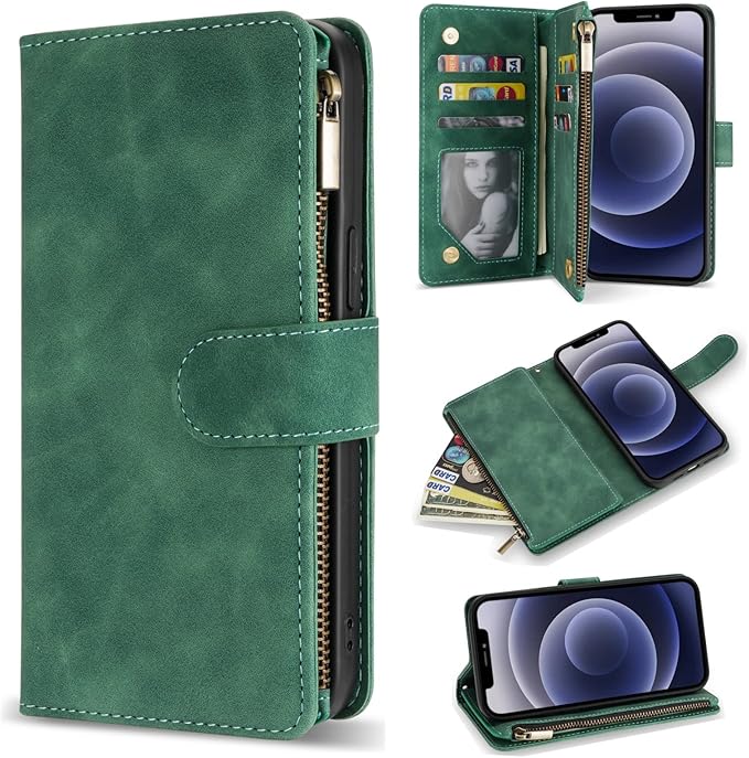 ZZXX for iPhone 12/12 Pro Wallet Case with Card Slot Premium Soft PU Leather Zipper Flip Folio Wallet with Wrist Strap Kickstand Protective for iPhone 12(Green 6.1 inch)
