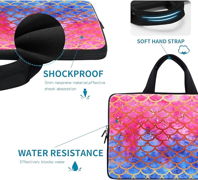 ICOLOR 11 11.6 12 12.1 12.5 inch Laptop Carrying Bag Chromebook Case Notebook Ultrabook Bag Tablet Cover Neoprene Laptop Sleeve case chromebook Sleeve with Handle Kids Girls Mermaid