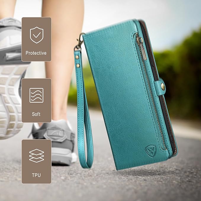 XcaseBar Compatible with Samsung Galaxy S25 Wallet case with Zipper Credit Card Holder【RFID Blocking】,Flip Folio Book PU Leather Phone case Shockproof Cover Women Men for Samsung S25 case Blue Green