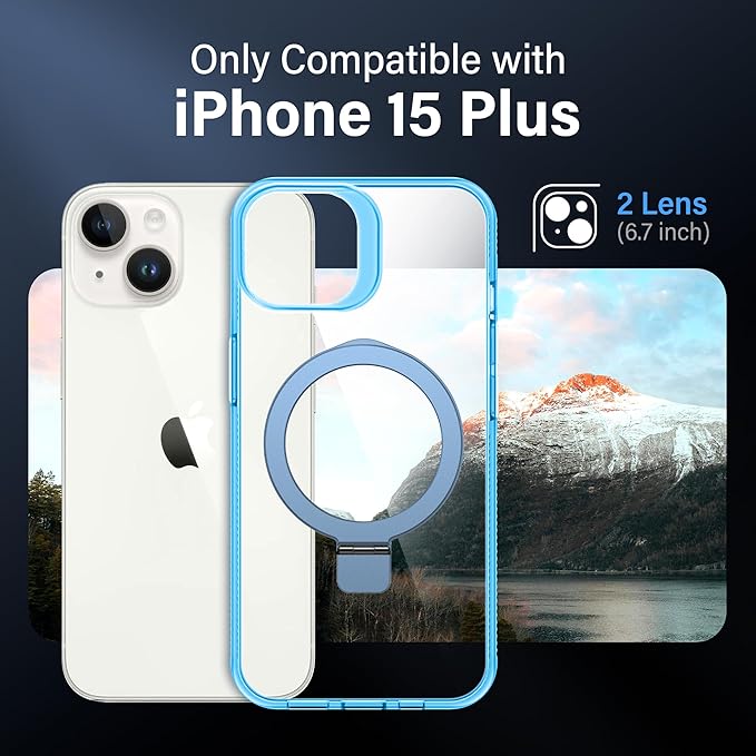 Magnetic Case for iPhone 15 Plus - [Built-in Invisible Stand] [Compatible with MagSafe] [Military Grade Drop Protection] Anti-Yellowing Hard Back Silicone Edge Cover, 6.7", Clear Blue